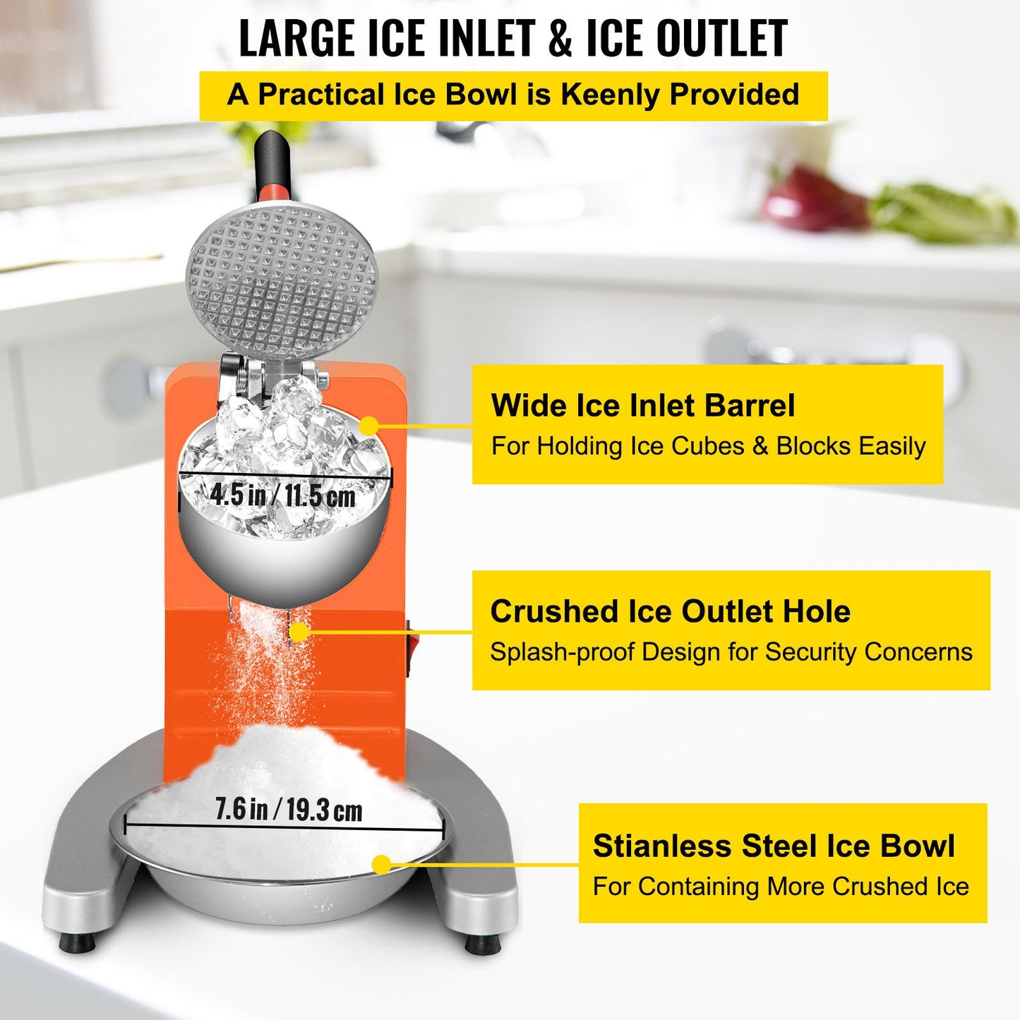 Electric Ice Shaver Crusher Snow Cone Maker Machine with Dual Stainless Steel Blades 210LB/H Shaved Ice Machine 300W 1450 RPM with Ice Plate & Additional Blade for Home and Commercial Use Orange