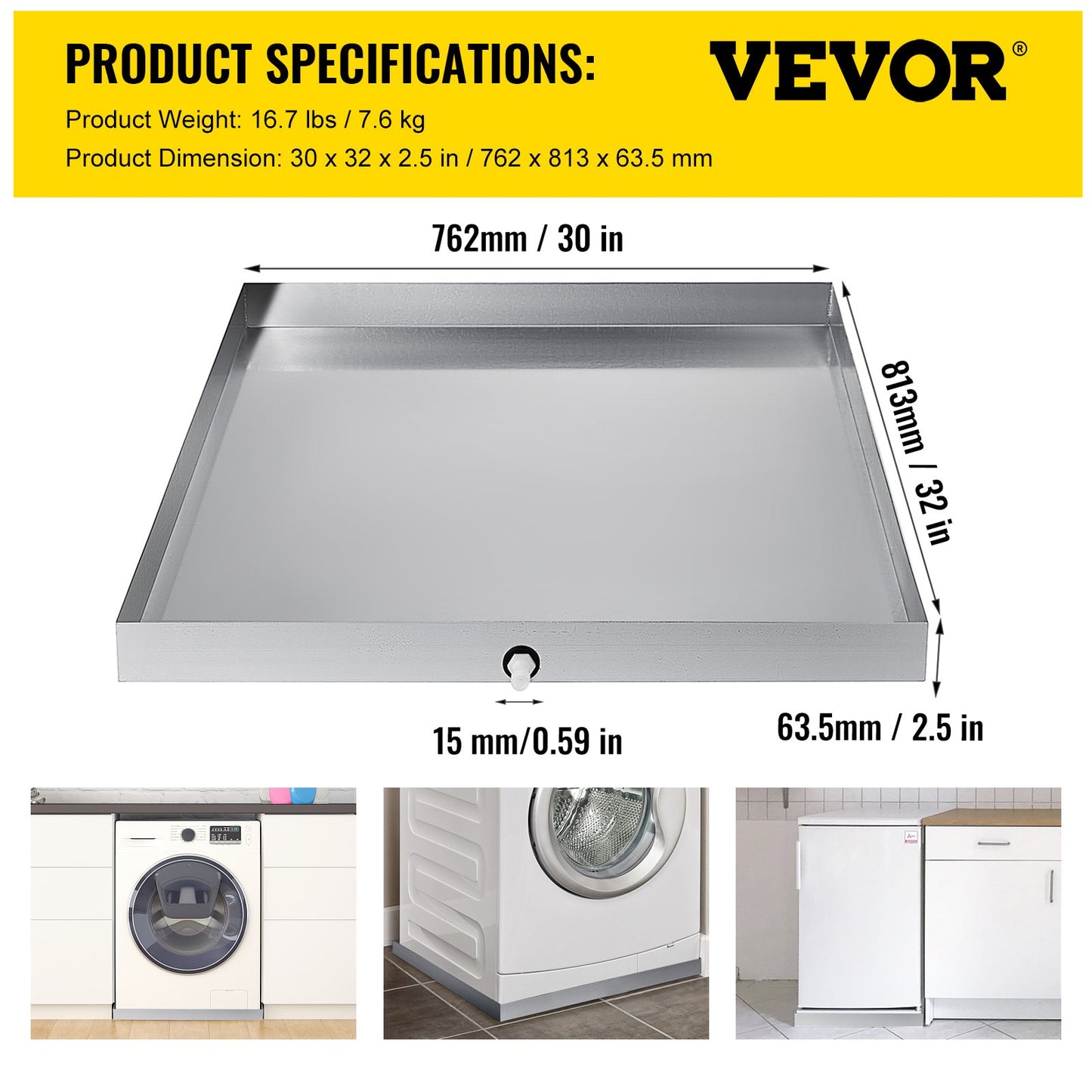 Well-designed Washer Pan 32 x 30 x 2.5 Inch Washing Machine Drip Pan Stainless Steel Sink Dishwasher Drip Tray Compact Universal Drip Tray with Drain Hole