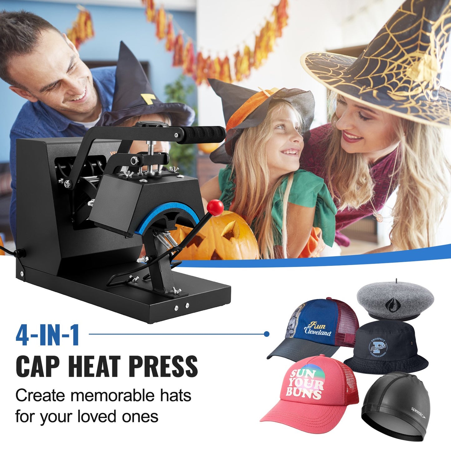 Hat Heat Press, 4-in-1 Cap Heat Press Machine, 6x3inches Clamshell Sublimation Transfer, LCD Digital Timer Temperature Control with 4pcs Curved Heating Elements (6x3/6.7x2.7/6.7x2.7/8.1x3.5)