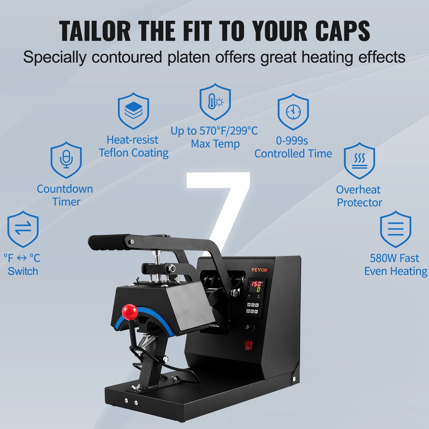 Hat Heat Press, 4-in-1 Cap Heat Press Machine, 6x3inches Clamshell Sublimation Transfer, LCD Digital Timer Temperature Control with 4pcs Curved Heating Elements (6x3/6.7x2.7/6.7x2.7/8.1x3.5)