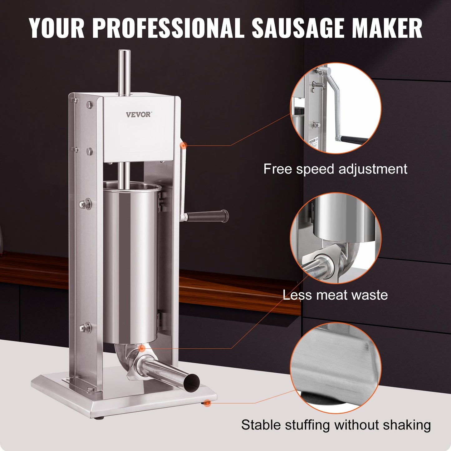 Manual Sausage Stuffer, 8LBS/5L Capacity, Two Speed 304 Stainless Steel Vertical Sausage Stuffer, Sausage Filling Machine with 4 Stuffing Tubes, Suction Base for Household or Commercial Use