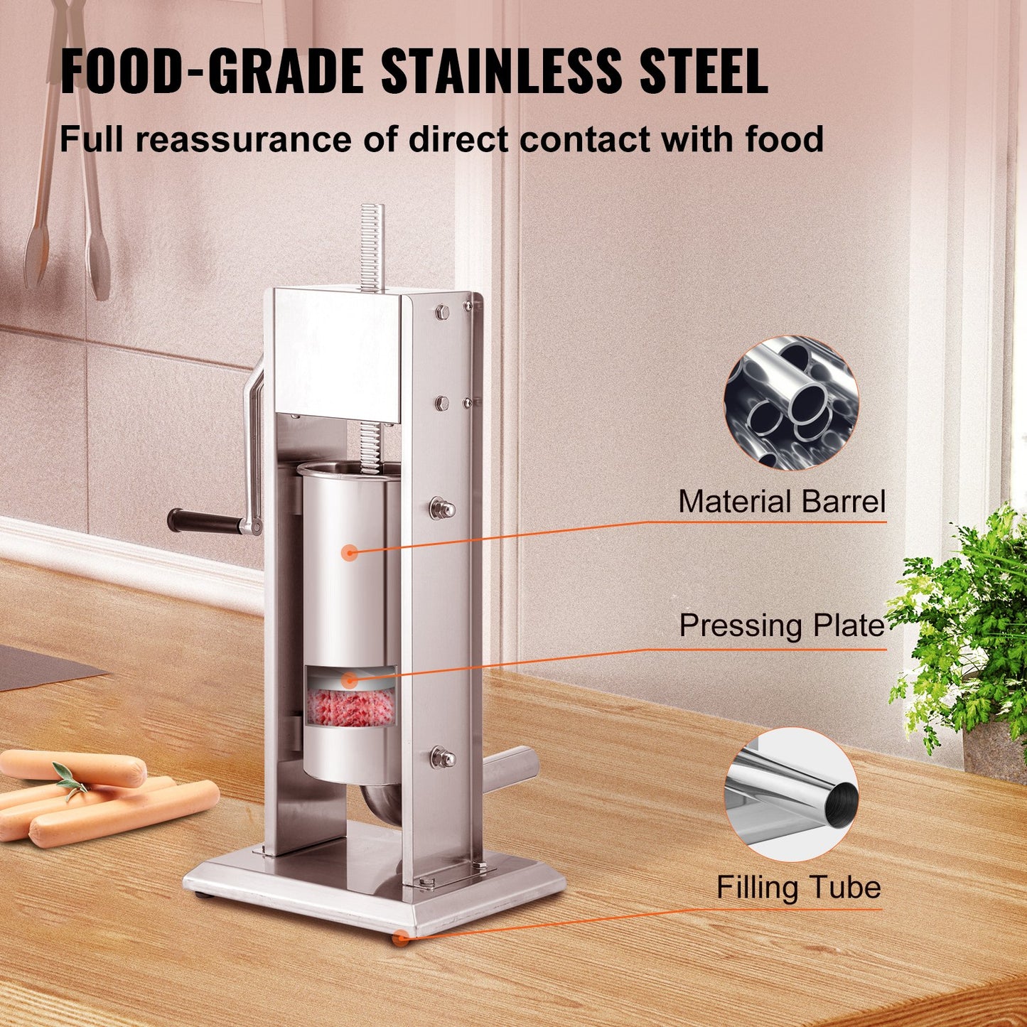 Manual Sausage Stuffer, 8LBS/5L Capacity, Two Speed 304 Stainless Steel Vertical Sausage Stuffer, Sausage Filling Machine with 4 Stuffing Tubes, Suction Base for Household or Commercial Use