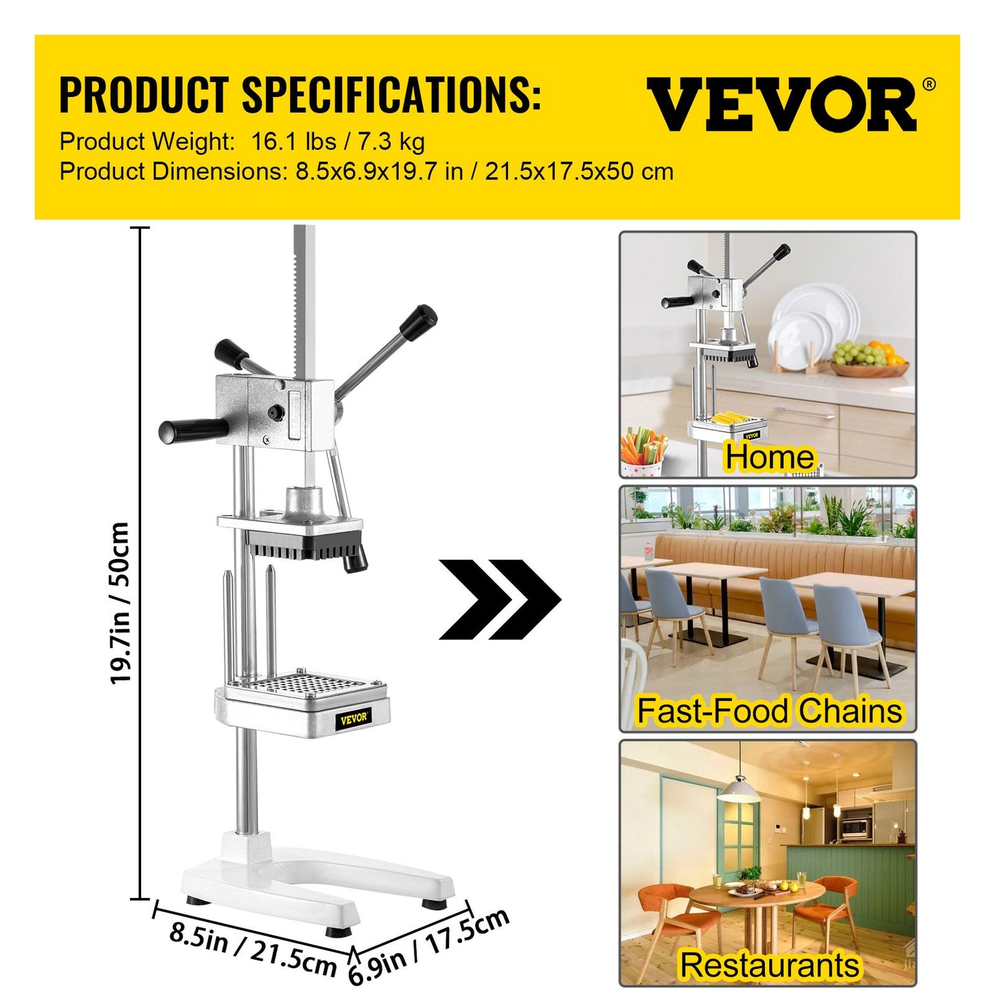 French Fry Cutter, 4 Blades in All, Commercial Chopper w/ 1/2 3/8 1/4 inch Blades & 8-Wedger, Vegetable Fruit Dicer w/ Rotatable Handles U-Shaped Base, for Potato Carrot Cucumber Onion Mushroom