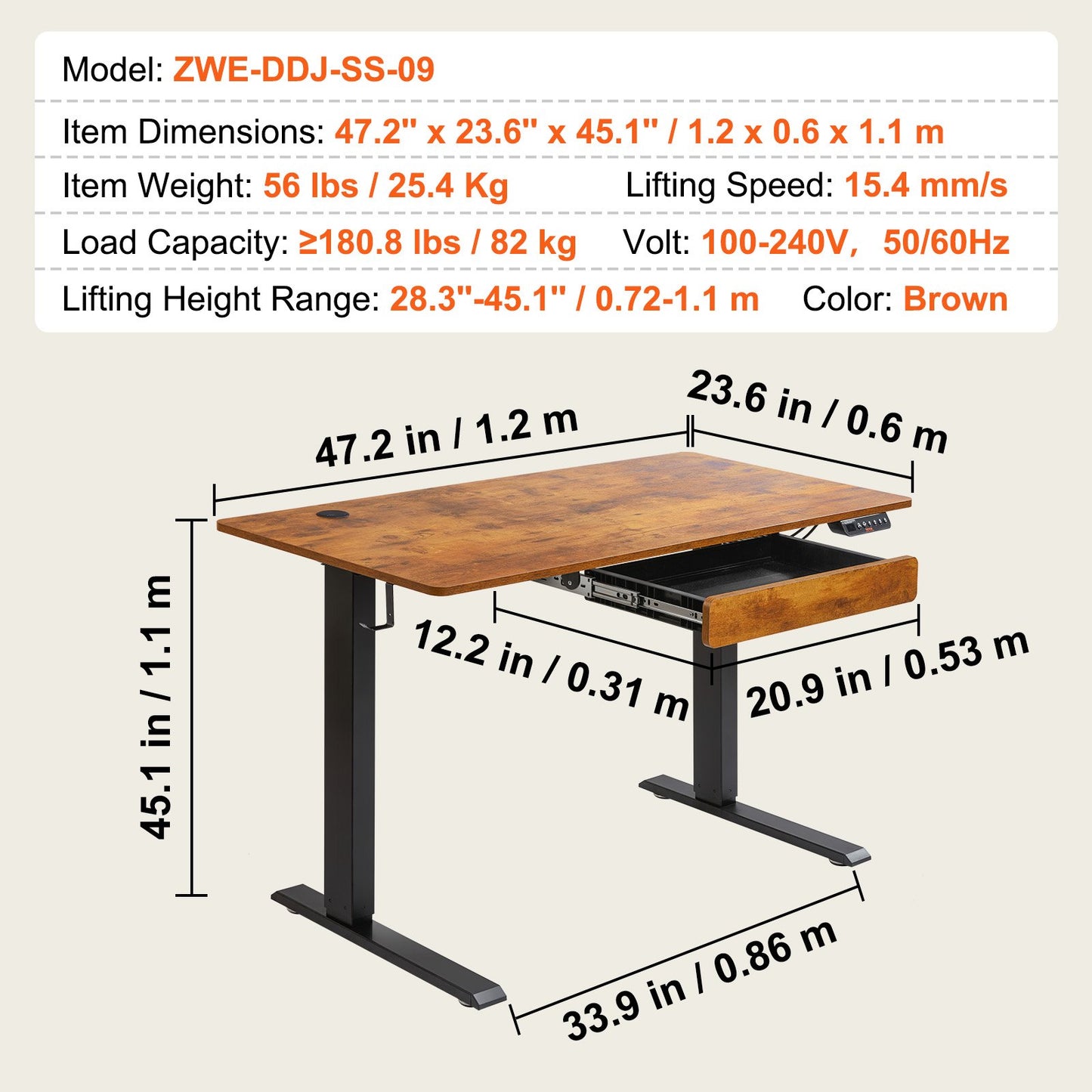 Height Adjustable Desk, 47.2 x 23.6 in with Drawer, 3-Key Modes Electric Standing Desk,Whole Piece Desk Board, Dual Metal Frame, 180 LBS Capacity Computer Sit Stand up Desk, for Home and Office
