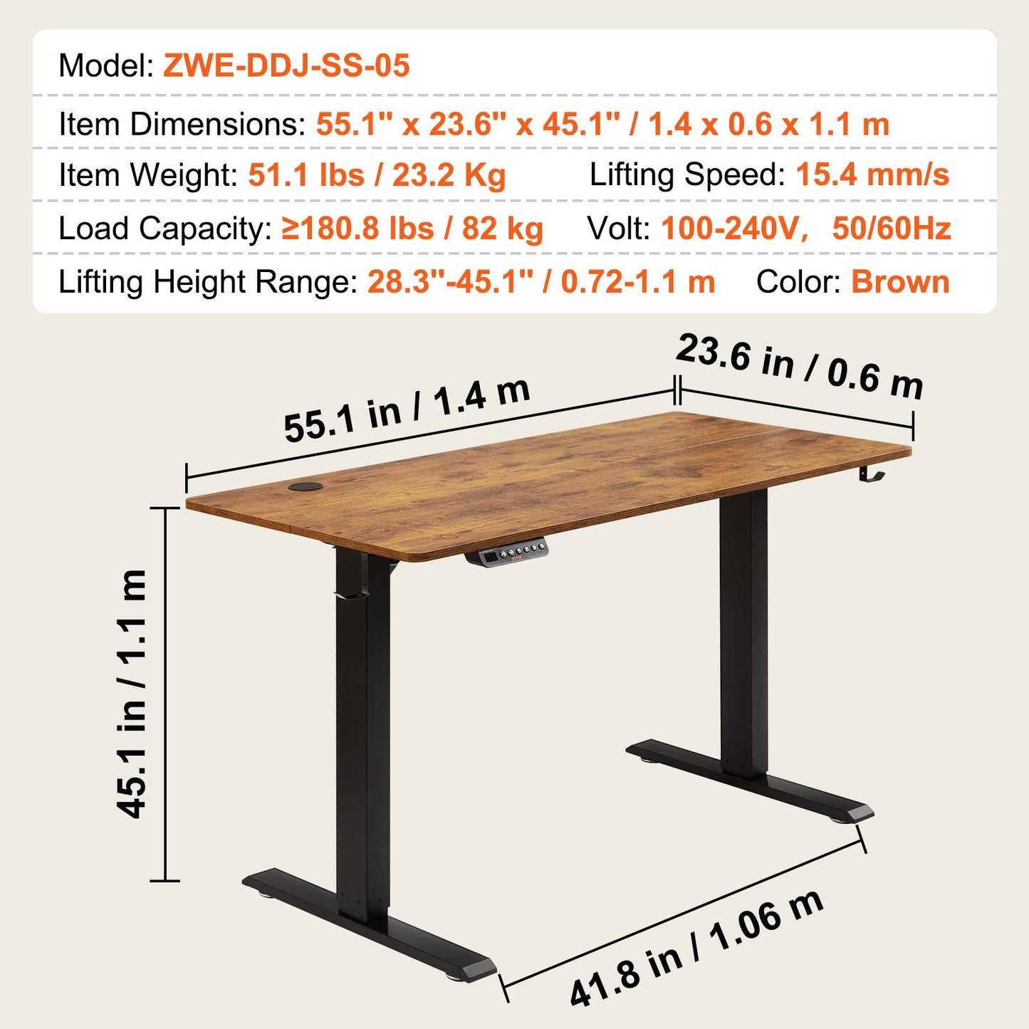 Height Adjustable Desk, 55.1 x 23.6 in, 3-Key Modes Electric Standing Desk,Whole Piece Desk Board, Sturdy Dual Metal Frame, Max. Bearing 180 LBS Computer Sit Stand up Desk, for Home and Office