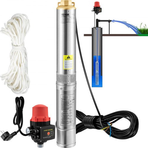 Deep Well Submersible Pump, 750W 230V/50Hz, 105L/min 62 m Head, 20 m Cord & Automatic Pressure Switch, 8.9 cm Stainless Steel Water Pumps for Industrial, Irrigation & Home Use, IP68 Waterproof