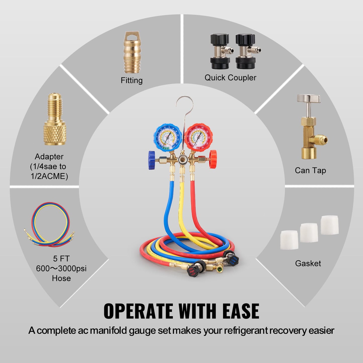 3-Way AC Diagnostic Manifold Gauge Set Fits for R134A, R22, R12, R502 Refrigerant, AC Gauge Set with 5 ft Hoses, Couplers, Can Tap for Car A/C System Automotive Air Conditioning Maintenance