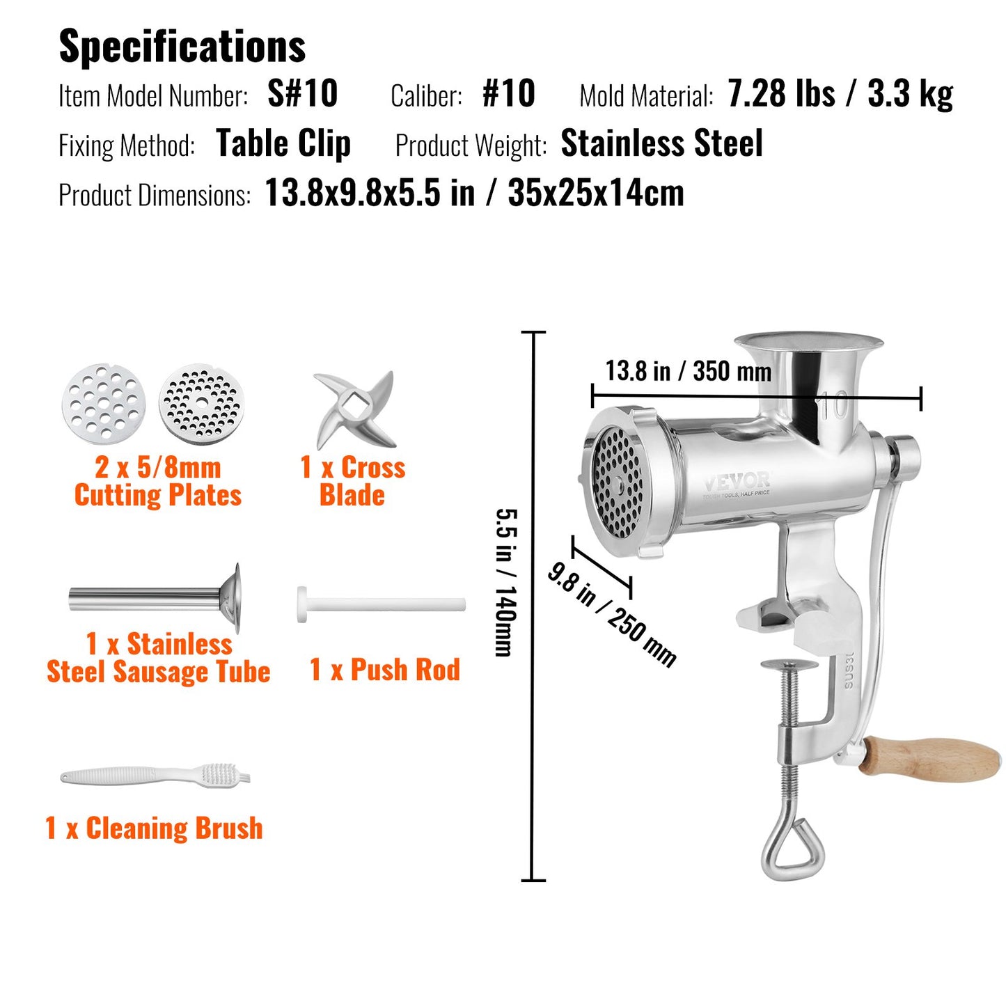 Manual Meat Grinder, All Parts Stainless Steel, Hand Operated Meat Grinding Machine with Tabletop Clamp, 2 Grinding Plates & Sausage Stuffer, Ideal for Home Kitchen Restaurant Butcher’s Shop