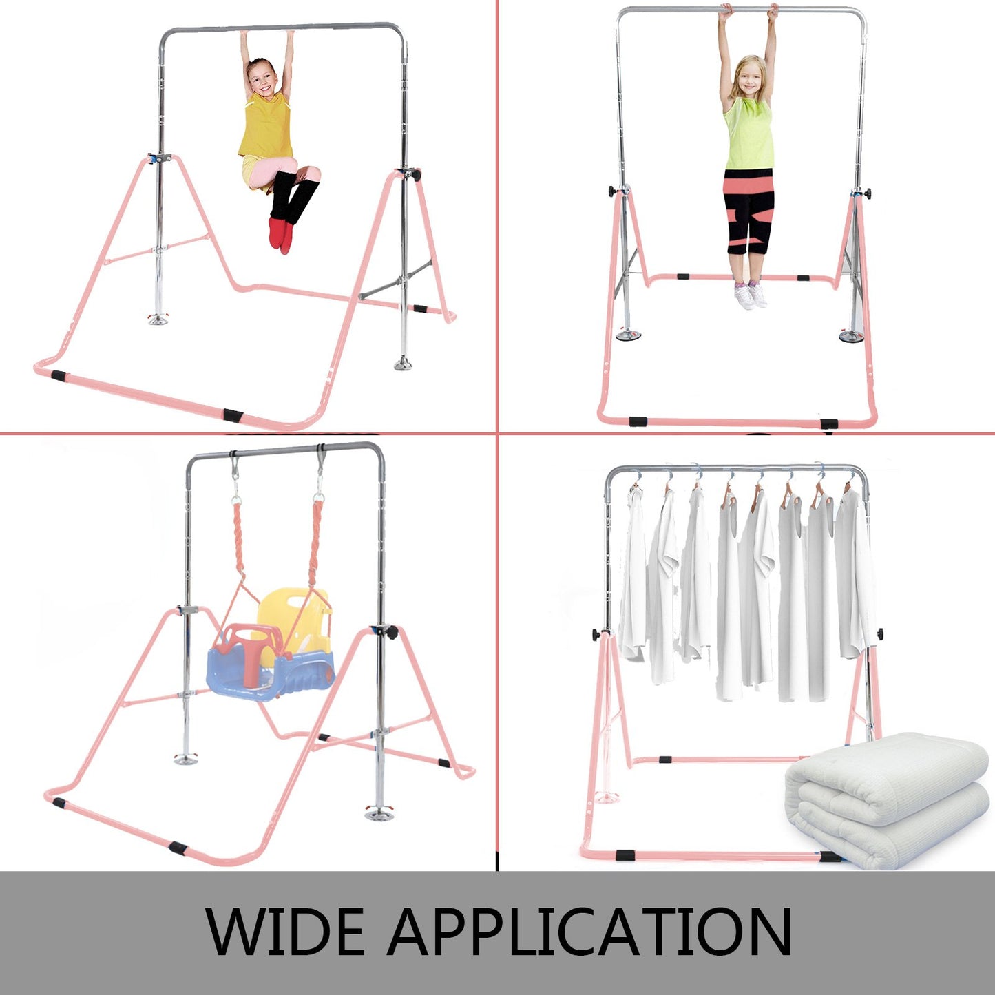 Gymnastics Bars for Kids Gymnastics Bar with Flying Rings Gloves Adjustable Folding Horizontal Bar Pull Up Expandable Kids Pull Up Bar(Pink)