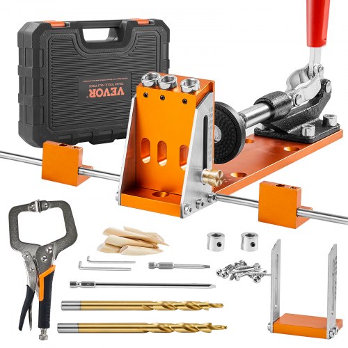 Pocket Hole Jig Kit, 34 Pcs Pocket Hole Jig System with 11" C-clamp, Fixture, Step Drills, Wrenches, Drill Stop Rings, Square Drive Bits, Toolbox, for DIY Carpentry Projects, Adjustable