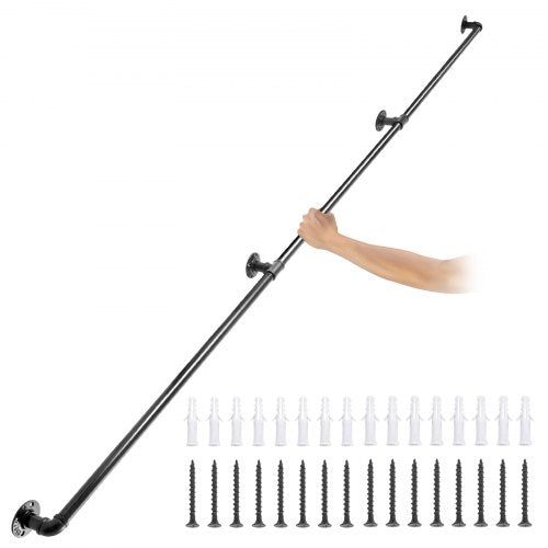 Pipe Stair Handrail, 8FT Staircase Handrail, 440LBS Load Capacity Carbon Steel Pipe Handrail, Industrial Pipe Handrail with Wall Mount Support, Round Corner Wall Handrailings for Indoor, Outdoor