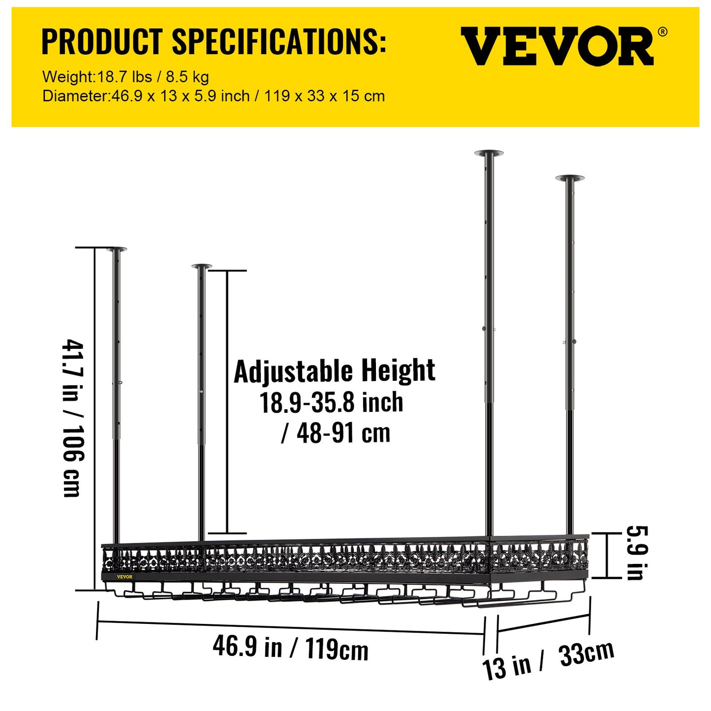 Ceiling Wine Glass Rack, 46.9 x 13 inch Hanging Wine Glass Rack, 18.9-35.8 inch Height Adjustable Hanging Wine Rack Cabinet, Black Wall-Mounted Wine Glass Rack Perfect for Bar Cafe Kitchen