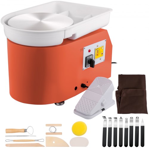 Pottery Wheel 11in 0-300 RPM Ceramic Wheel, 350W Adjustable Speed Forming Machine with Sculpting Tools and Apron, Detachable Basin Foot Pedal Control for Art Craft Work and Home DIY Orange
