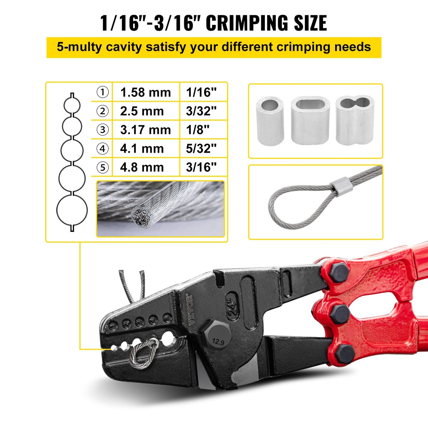 24 Inch Hand Swager Crimper 5 Cavity 1/16 to 3/16inch Swaging Tool for Copper Aluminum Oval Sleeves and Stop Sleeves Wire Rope Crimping Tool Propress Swage Tool Long Handle Labor Save