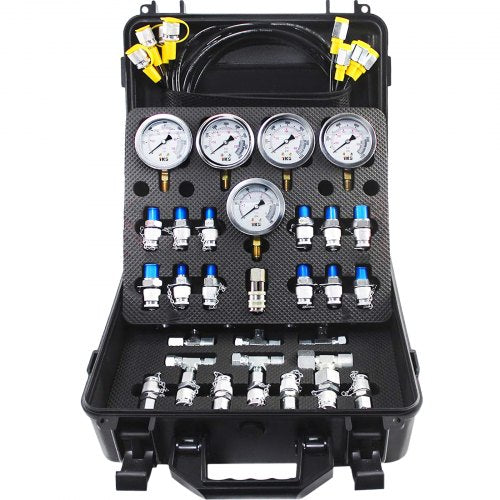 Hydraulic Pressure Test Kit, 10/100/250/400/600bar, 5 Gauges 13 Test Couplings 14 Tee Connectors 5 Test Hoses, Hydraulic Gauge Kit w/ Sturdy Carrying Case, for Excavator Construction Machinery