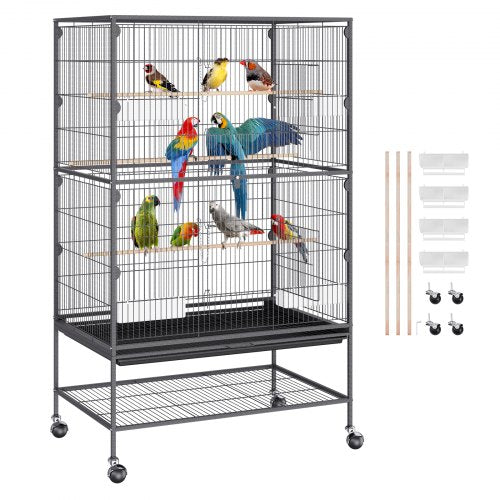 52 inch Standing Large Bird Cage, Carbon Steel Flight Bird Cage for Parakeets, Cockatiels, Parrots, Macaw with Rolling Stand and Tray
