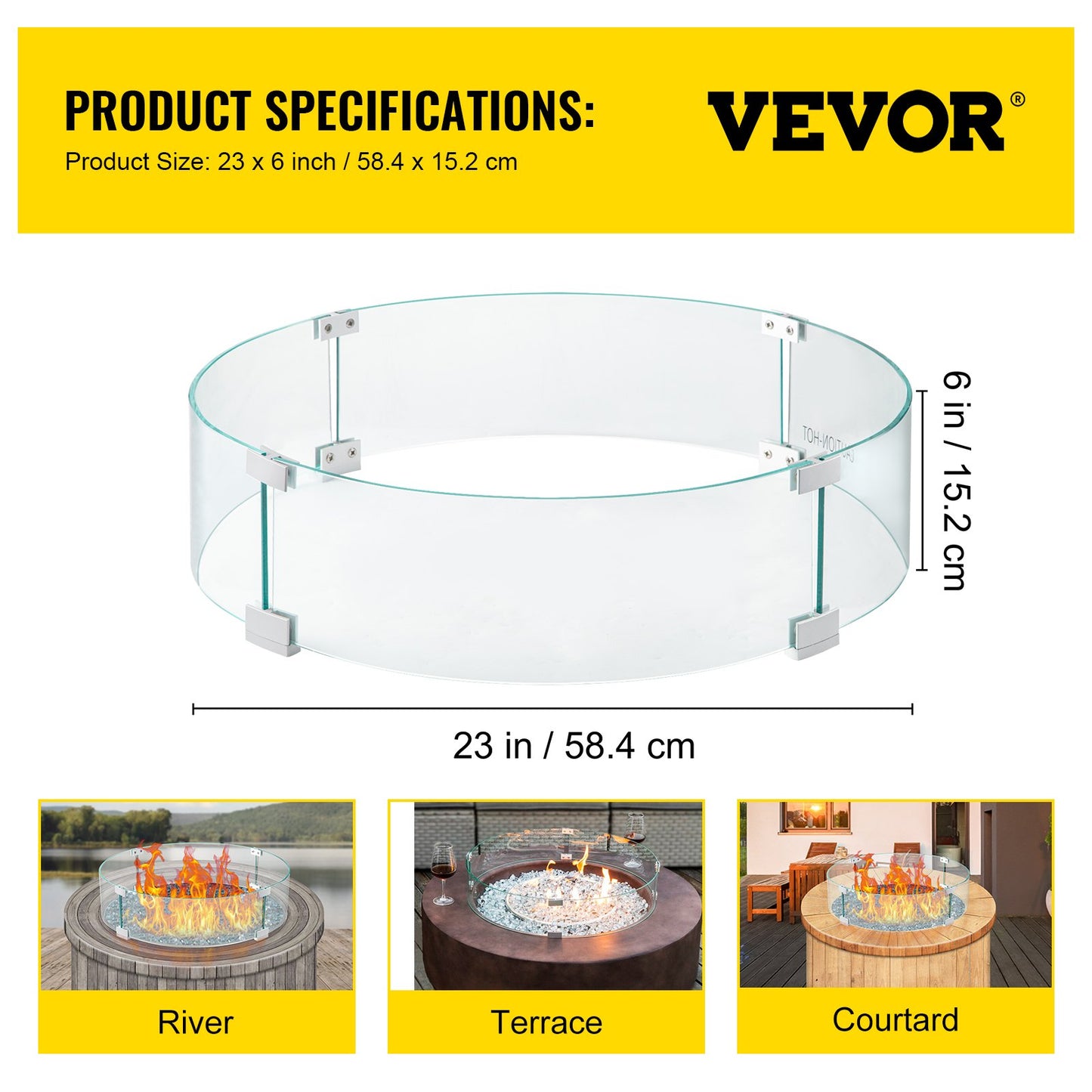 Fire Pit Wind Guard, 23 x 23 x 6 Inch Glass Flame Guard, Round Glass Shield, 1/4-Inch Thick Fire Table, Clear Tempered Glass Flame Guard, Steady Feet Tree Pit Guard for Propane, Gas, Outdoor