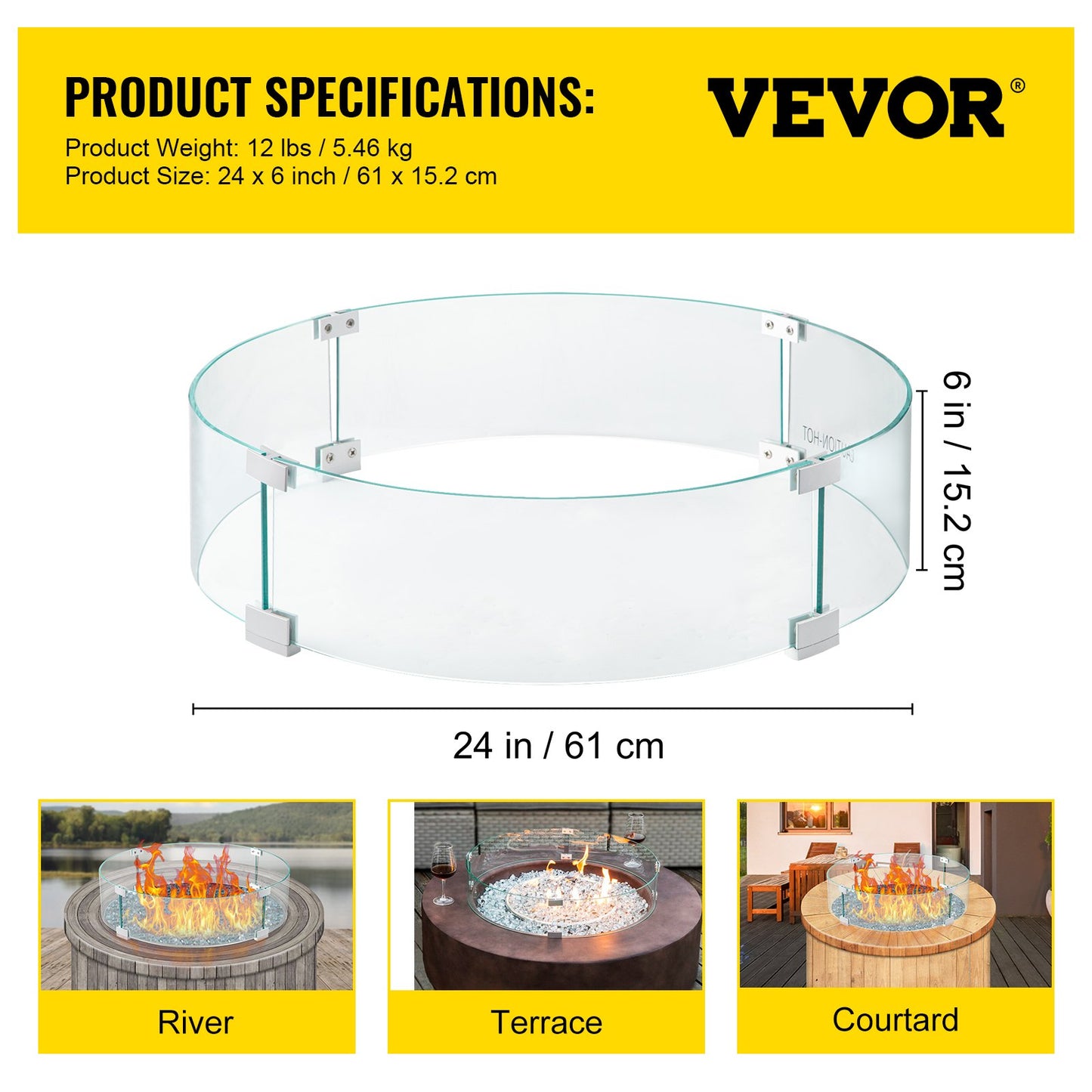 Fire Pit Wind Guard, 24 x 24 x 6 inch Glass Flame Guard, Round Glass Shield, 1/4-Inch Thick Fire Table, Clear Tempered Glass Flame Guard, Steady Feet Tree Pit Guard for Propane, Gas, Outdoor