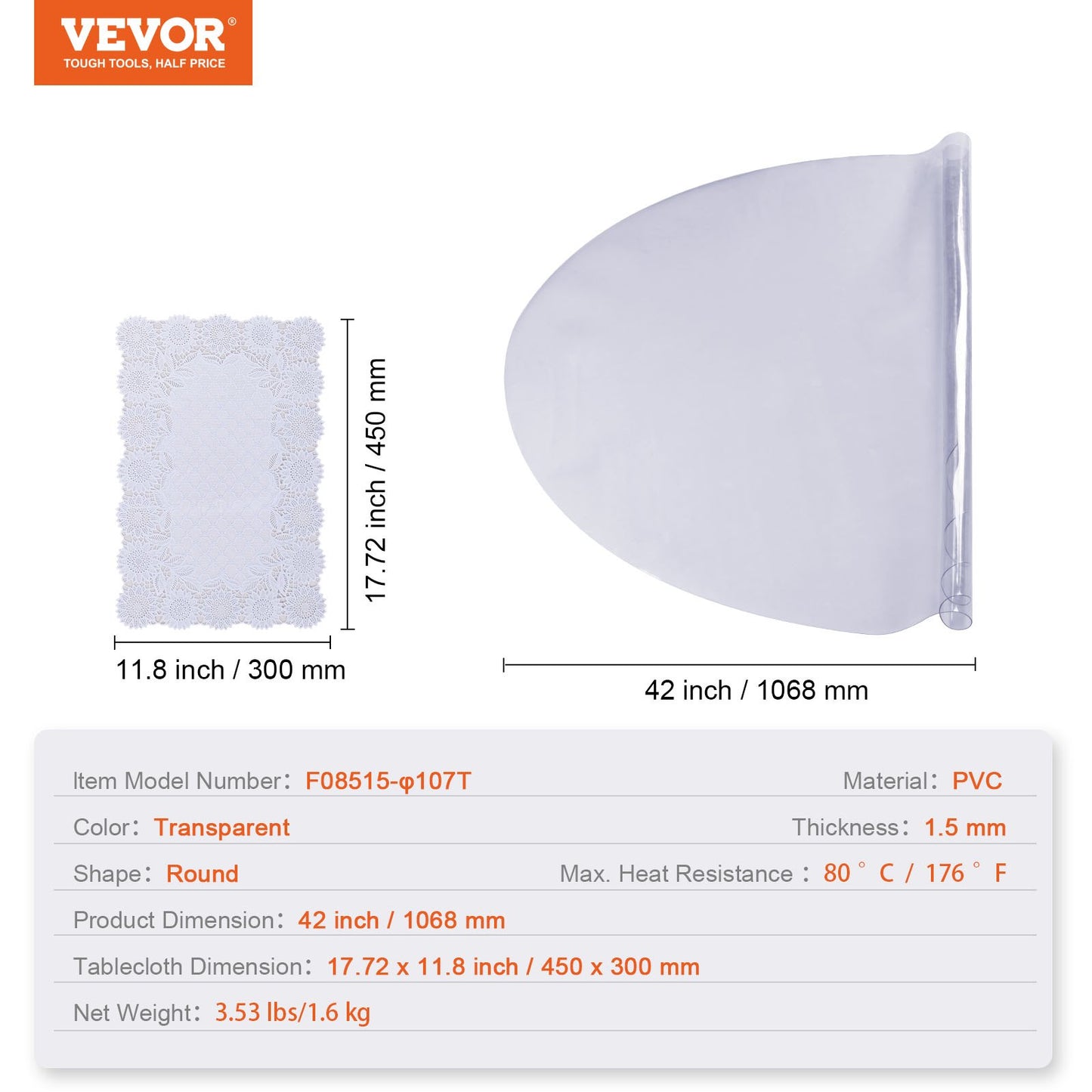 Clear Table Cover Protector, 42 inch/1068 mm Round Table Cover, 1.5 mm Thick PVC Plastic Tablecloth, Waterproof Desktop Protector for Writing Desk, Coffee Table, Dining Room Table