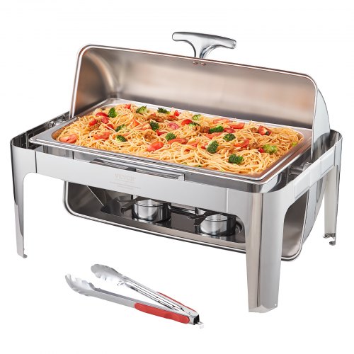 Roll Top Chafing Dish Buffet Complete Set, 8 Qt Stainless Steel Chafer with Full Size Pan, Rectangle Catering Warmer Server with Lid Water Pan Stand Fuel Holder Meal Clip, for at Least 8 People