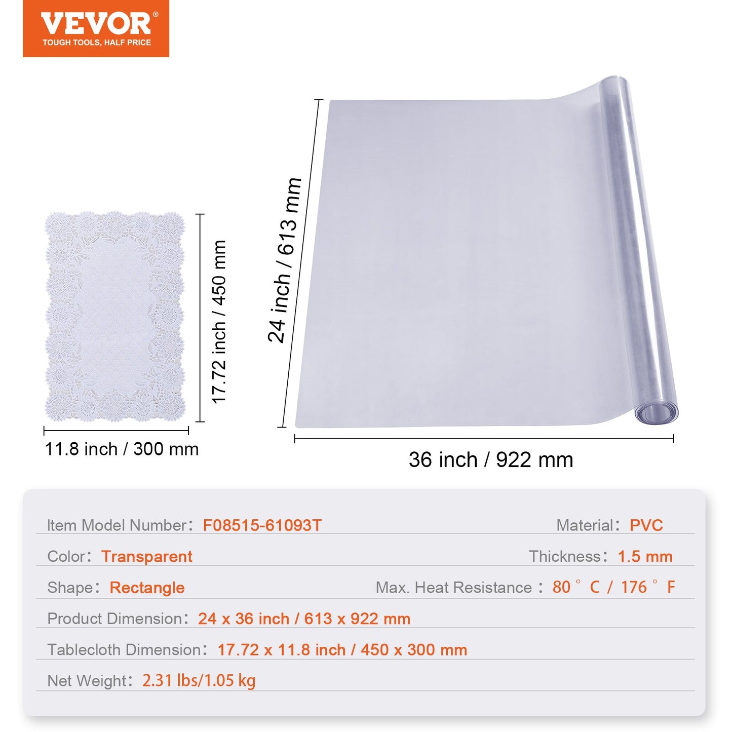 Clear Table Cover Protector, 24" x 36"/613 x 922 mm Table Cover, 1.5 mm Thick PVC Plastic Tablecloth, Waterproof Desktop Protector for Writing Desk, Coffee Table, Dining Room Table