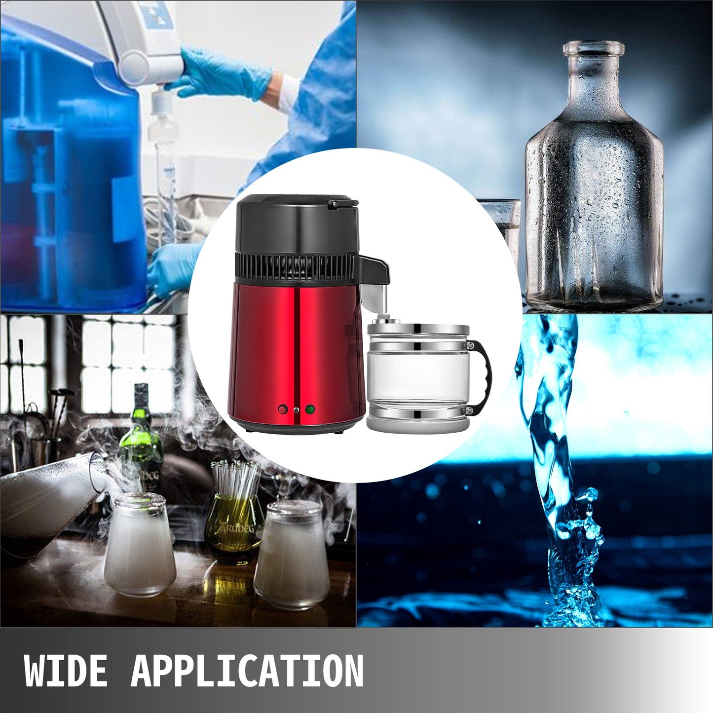 Red Water Distiller 1.1 Gallon/4 L Stainless Steel Water Purifier Distiller 750W Water Distillation Countertop Water Distiller Machine with Connection Bottle Glass Container for Offices Home