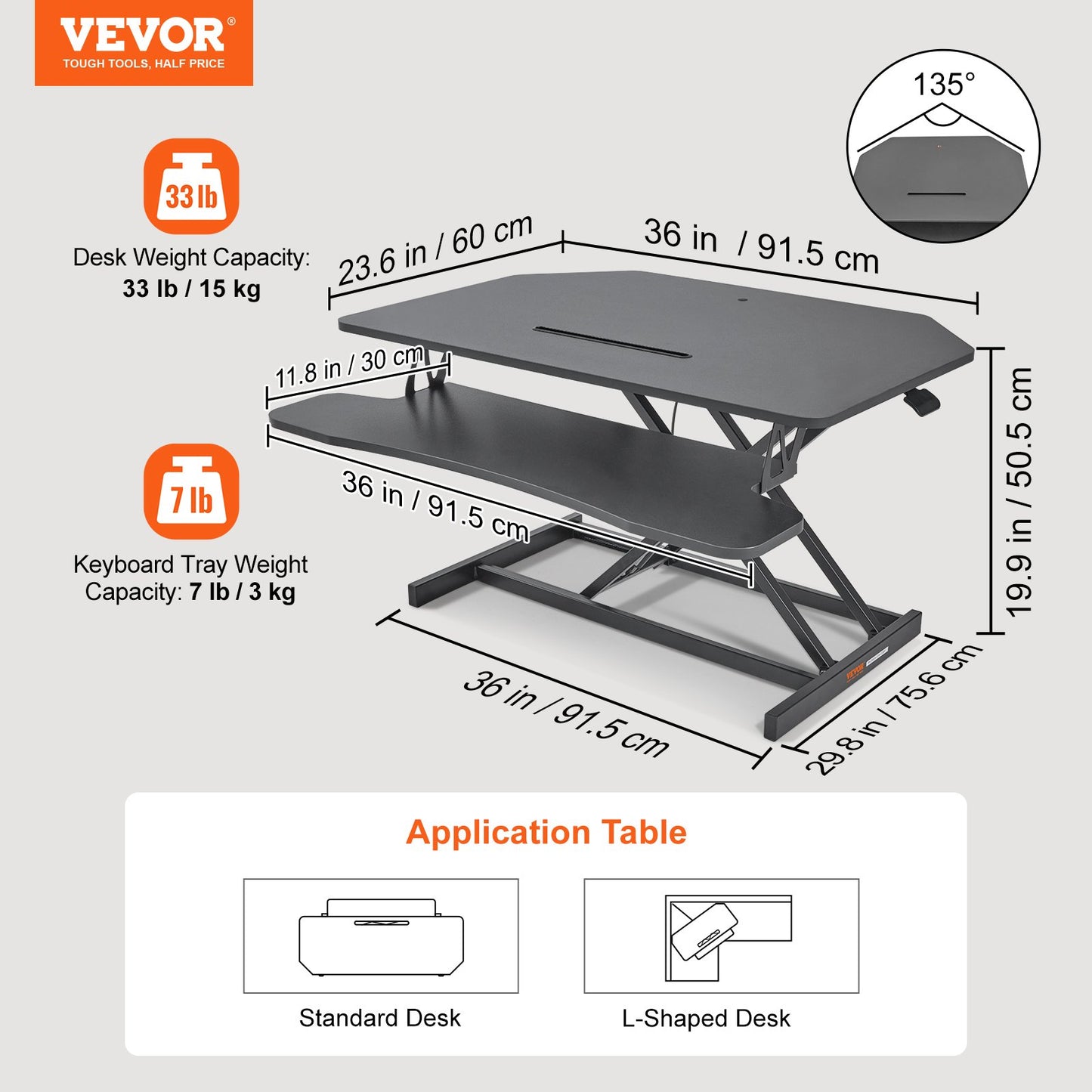 Standing Desk Converter, Two-Tier Stand up Desk Riser, 36 inch Large Sit to Stand Desk Converter, 5.5-20.1 inch Adjustable Height, for Monitor, Keyboard & Accessories Used in Home Office