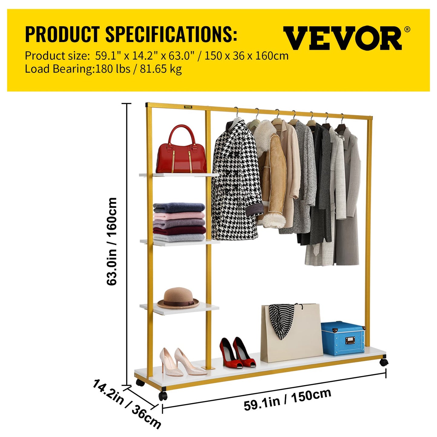 Clothing Garment Rack, 180 LBS Capacity, Heavy-duty Clothes Rack w/ Bottom Shelf & Extra 3 Side Shelves, 4 Swivel Casters, Rolling Clothes Organizer for Laundry Room Retail Store Boutique, Gold