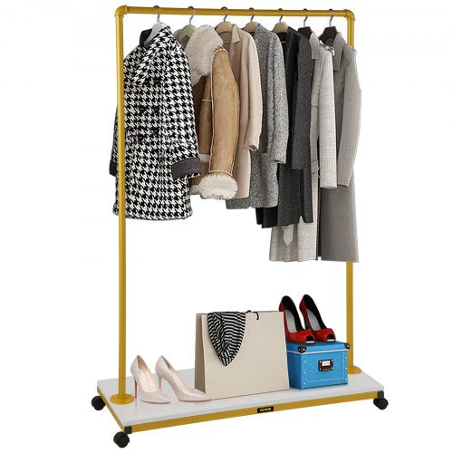 Clothing Garment Rack, 100 x 36 x 150 cm, Heavy-duty Clothes Rack w/ Bottom Shelf, 4 Swivel Casters, Sturdy Steel Frame, Rolling Clothes Organizer for Laundry Room Retail Store Boutique, Gold