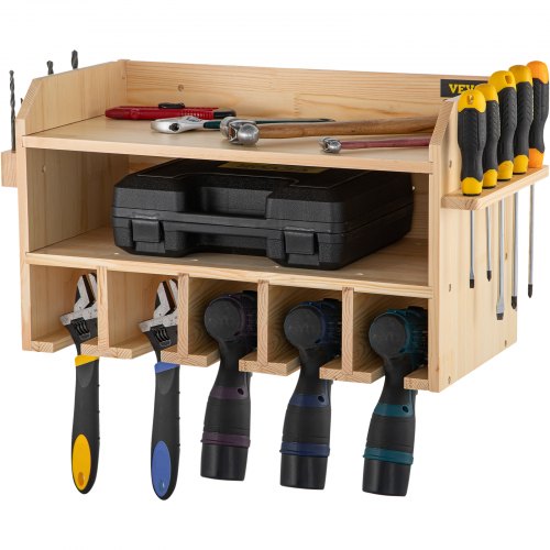Power Tool Organizer, Wall Mount Drill Holder, 5 Drill Hanging Slots Drill Charging Station, 2-Shelf Cordless Drill Storage, Polished Wooden Toolbox for Saw, Impact Wrench, Screwdriver Drill
