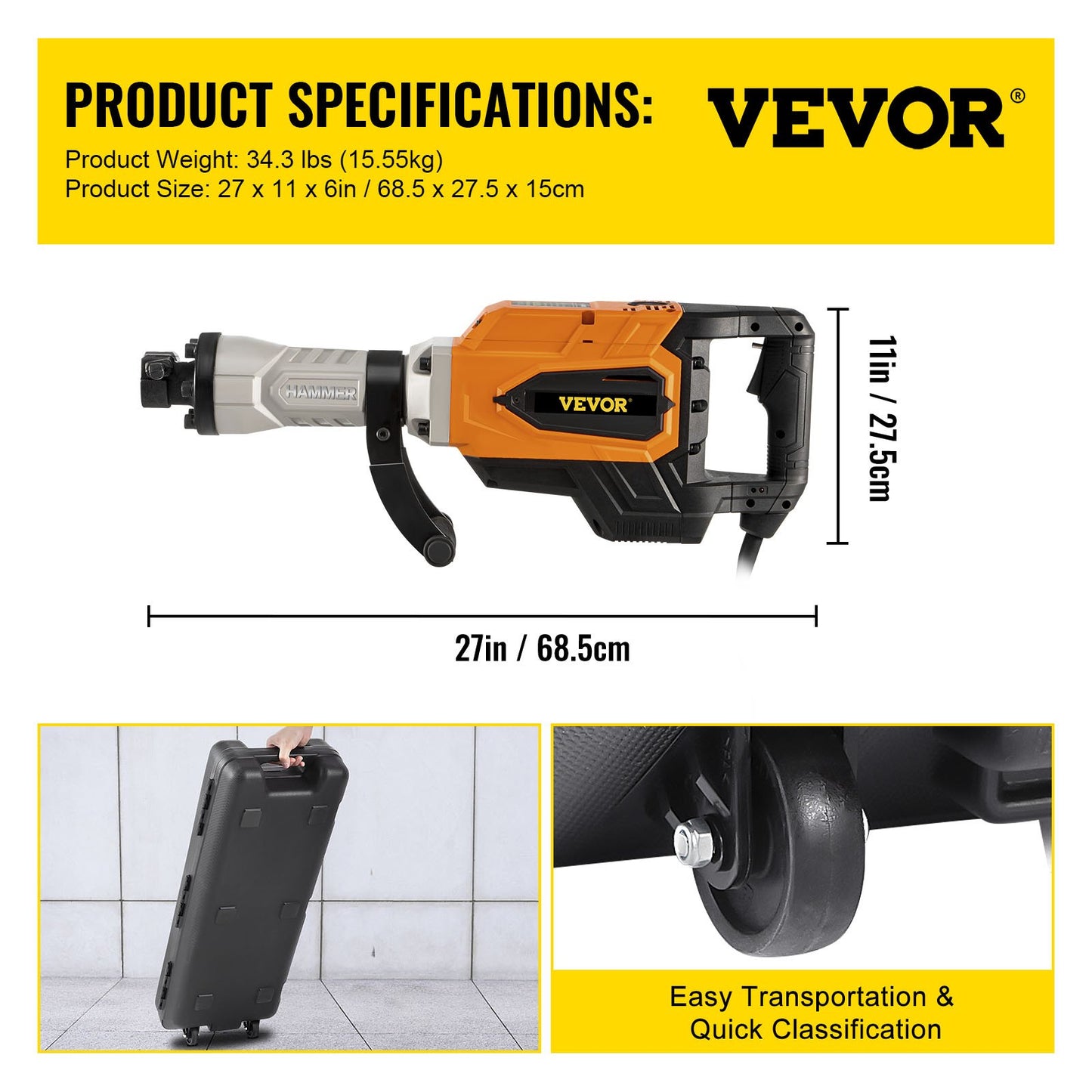 Demolition Jack Hammer, 4500W 1800BPM, 1-1/8" Hex Heavy Duty Concrete Breaker w/ Chisel, Case & Gloves, 220V Industrial Electric Jackhammer for Demolishing, Chipping & Demo, CE Approved, Yellow