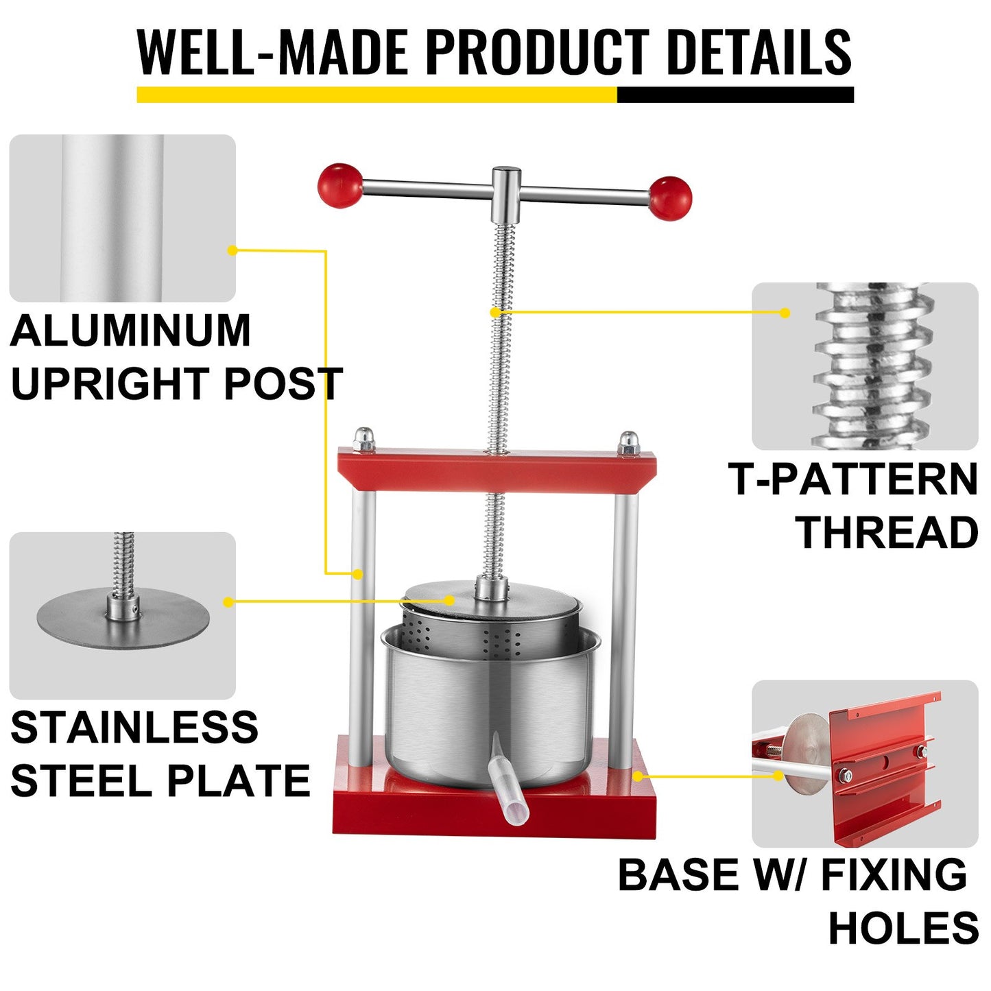 Wine Presser, 0.5Gal/2L Grape Press For Wine Making, Wine Press Machine w/ Dual Stainless Steel Barrels, Wine Cheese Fruit Vegetable Tincture Press w/ Power Ball Handle & 0.1"/3 mm Thick Plate