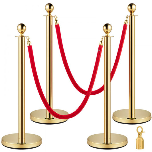 Set of 2 Gold Round Top Queue Control Barrier Posts Stands Security Stanchion Rope Divider with 1.5M Red Rope Crowd Control Barrier Gold Round top Column