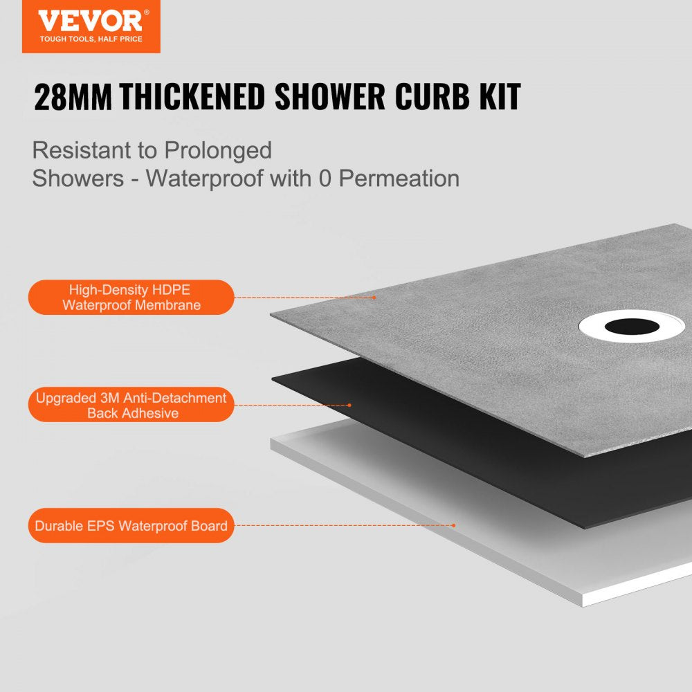 Shower Curb Kit, 1524x965mm Shower Pan Kit with 160mm Offset Drain, Lightweight EPS Shower Installation Kits with 2 Waterproof Cloths, Shower Pan Slope Sticks Fit for Bathroom
