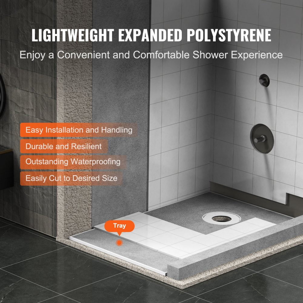 Shower Curb Kit, 1524x965mm Shower Pan Kit with 160mm Offset Drain, Lightweight EPS Shower Installation Kits with 2 Waterproof Cloths, Shower Pan Slope Sticks Fit for Bathroom