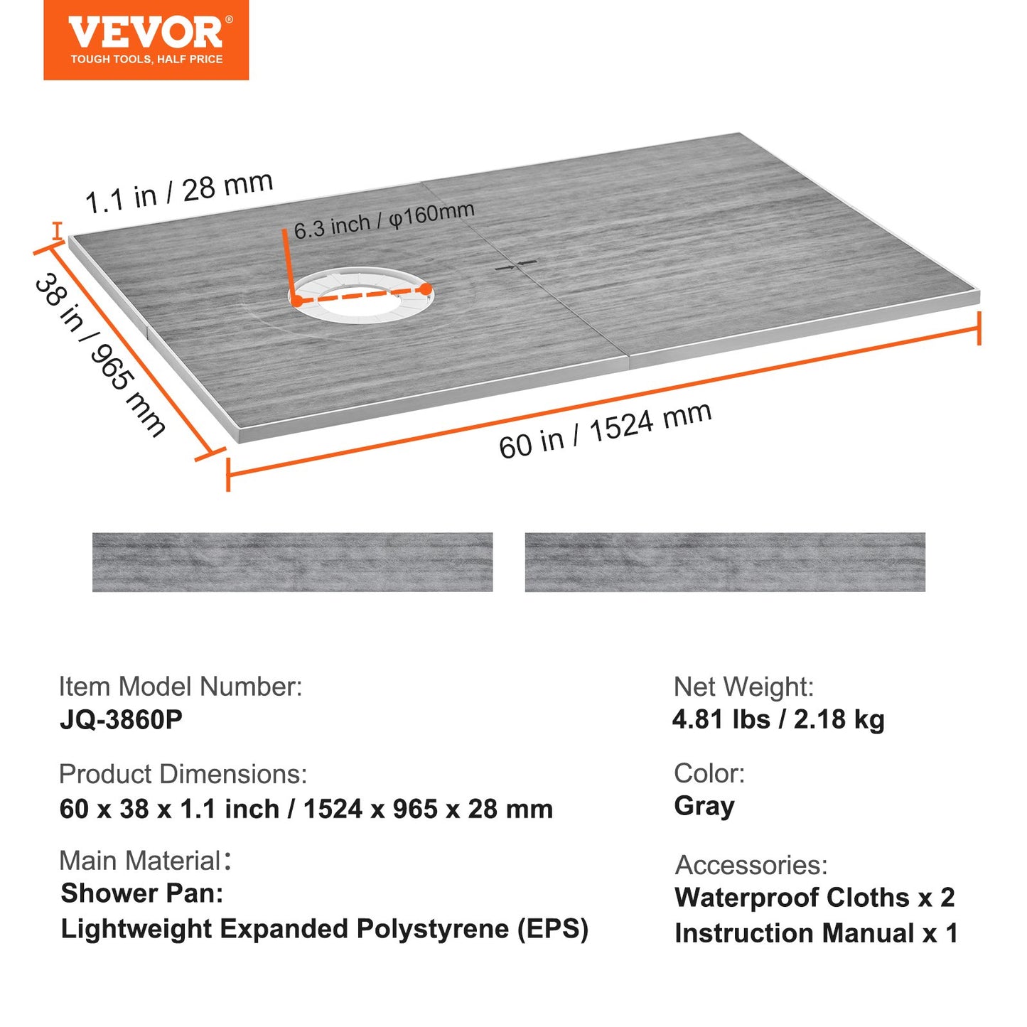 Shower Curb Kit, 1524x965mm Shower Pan Kit with 160mm Offset Drain, Lightweight EPS Shower Installation Kits with 2 Waterproof Cloths, Shower Pan Slope Sticks Fit for Bathroom