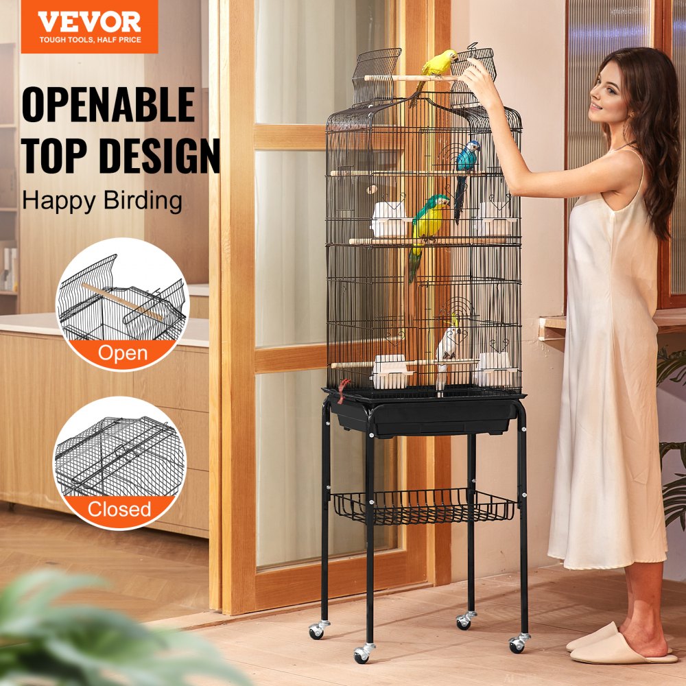 Large Bird Cage, 62 in, Open Top Parakeet Cage with Rolling Stand, Steel Bird Flight Cage with Removable Tray, Budgie Birdcage with 4 Perches, Parrot Cage for Lovebirds Cockatiels Pet Toy