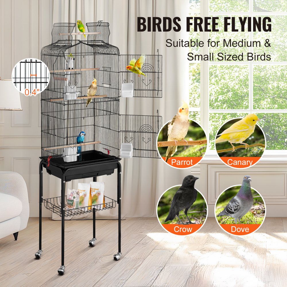 Large Bird Cage, 62 in, Open Top Parakeet Cage with Rolling Stand, Steel Bird Flight Cage with Removable Tray, Budgie Birdcage with 4 Perches, Parrot Cage for Lovebirds Cockatiels Pet Toy