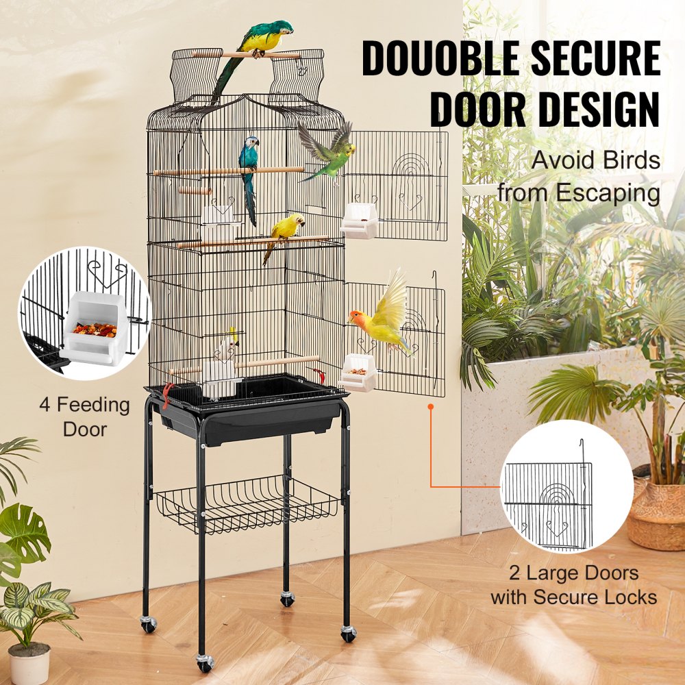 Large Bird Cage, 62 in, Open Top Parakeet Cage with Rolling Stand, Steel Bird Flight Cage with Removable Tray, Budgie Birdcage with 4 Perches, Parrot Cage for Lovebirds Cockatiels Pet Toy