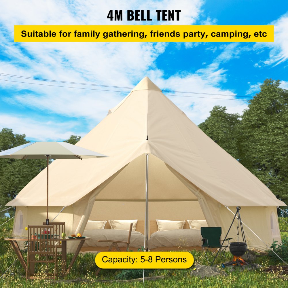 Bell Tent 5-8 Persons Canvas Tent with Stove Hole Cotton Canvas Tents Yurt Tent for Camping 4-Season Waterproof Bell Tent for Family Camping Outdoor Hunting