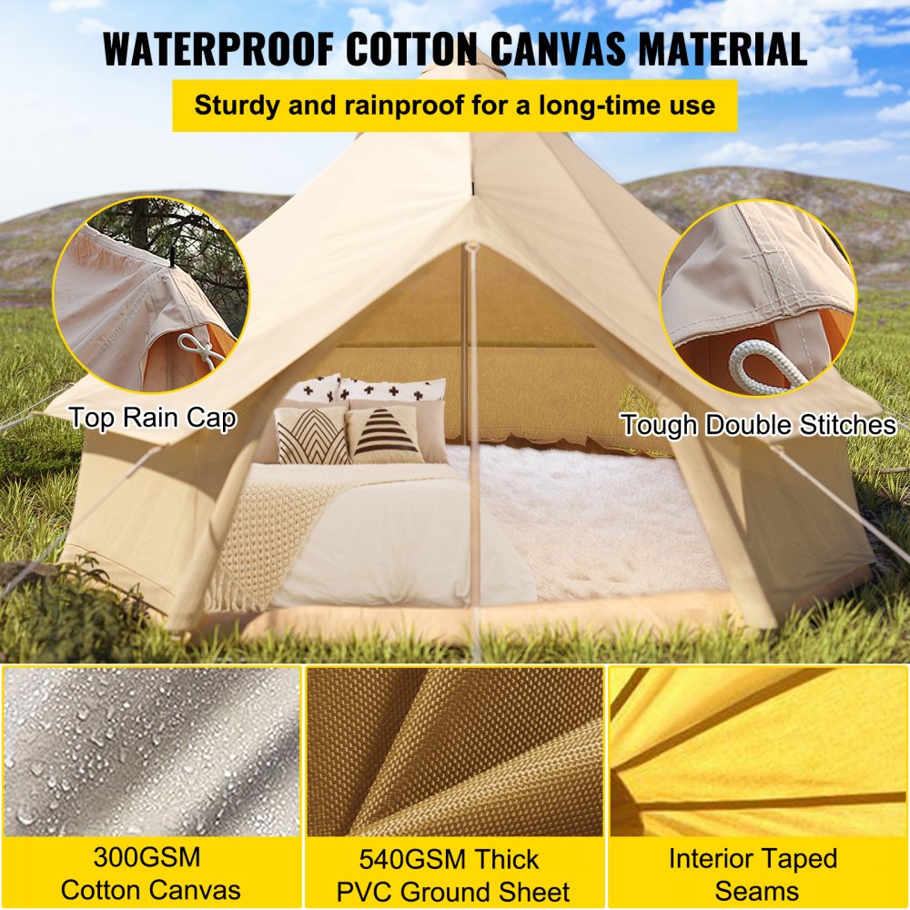 Bell Tent 5-8 Persons Canvas Tent with Stove Hole Cotton Canvas Tents Yurt Tent for Camping 4-Season Waterproof Bell Tent for Family Camping Outdoor Hunting