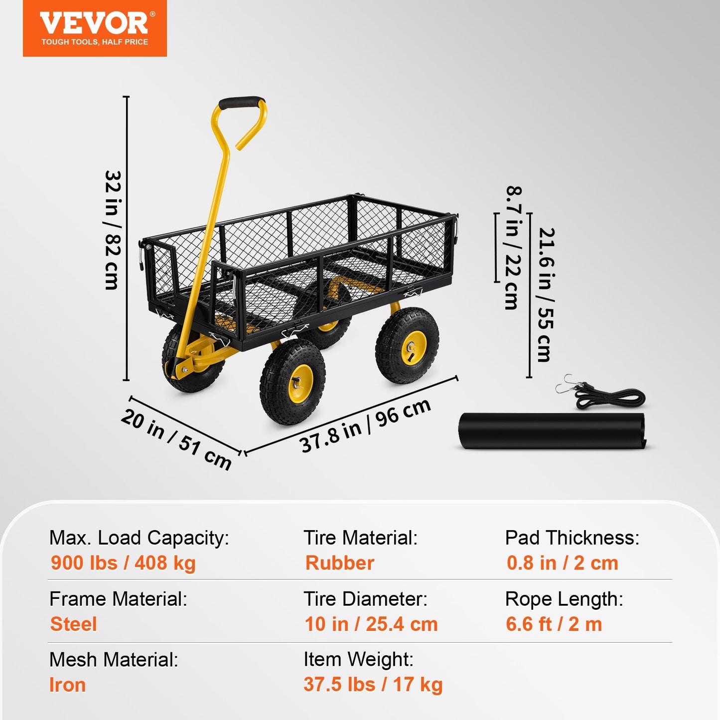 Steel Garden Cart, Heavy Duty, with Removable Mesh Sides to Convert into Flatbed, Utility Metal Wagon with 180° Rotating Handle and 10 in Tires, Perfect for Garden, Farm, Yard