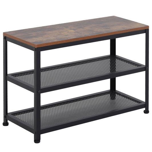 3-Layer Shoe Rack Storage, Metal Frame with 2 Mesh Shelves, Rustic Colour Seat for Living Room and Hallway w/