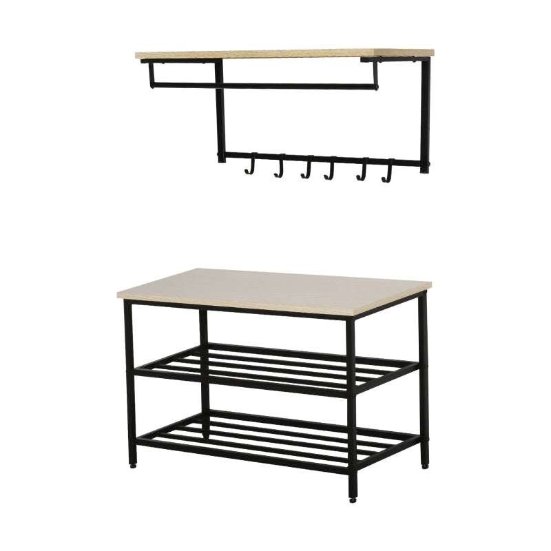 2 Piece Entryway Organizer Wall Mounted Coat Rack with 6 Hooks Storage Shoe Rack Hallway Furniture Set 2pcs Stool Space Saving
