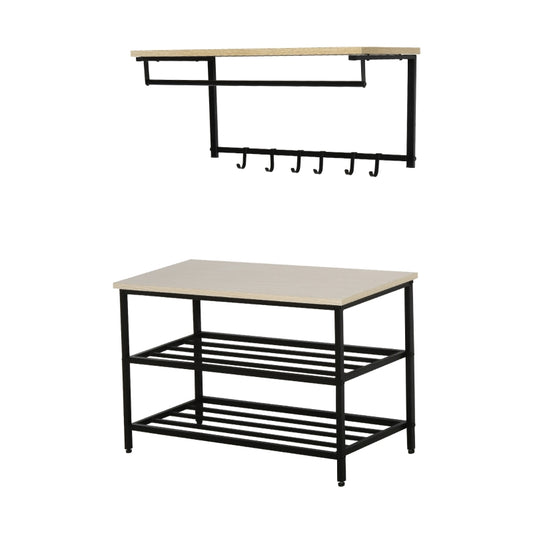 2 Piece Entryway Organizer Wall Mounted Coat Rack with 6 Hooks Storage Shoe Rack Hallway Furniture Set 2pcs Stool Space Saving