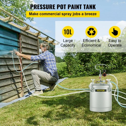 Commercial Paint Pressure Tank 2.5 Gallons Pressure Pot Tank 10L Pressure Paint Pot Feed Spray Gun 1.5mm Nozzle Paint Sprayer for 10L Capacity Painting