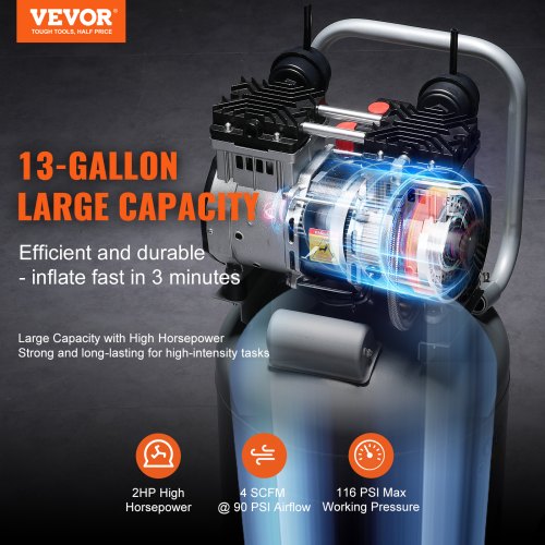 13 Gallon Air Compressor 2HP 4 SCFM@90PSI Oil Free Air Compressor 116PSI