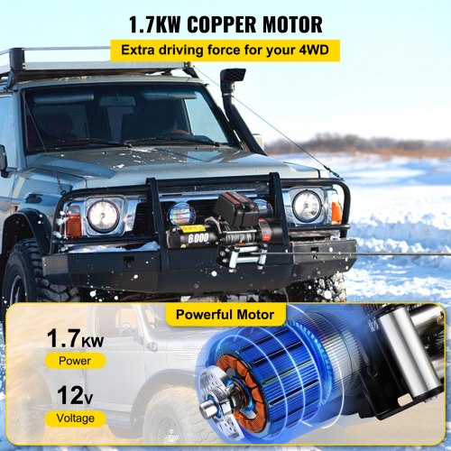 6000LBS 12V Recovery Electric Winch Series Wound Gear Train Remote Control