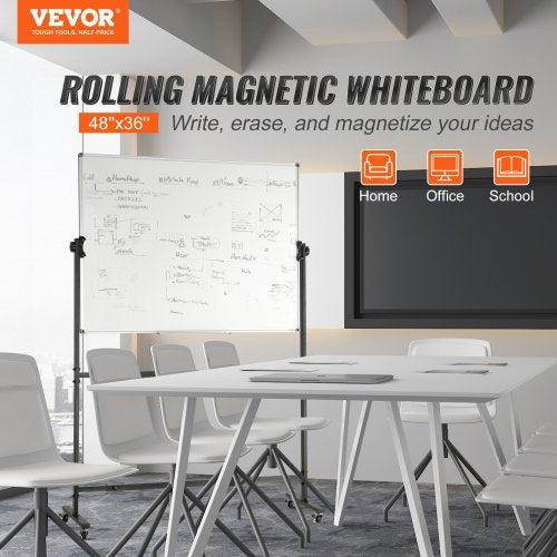 Rolling Magnetic Whiteboard, Double-sided Mobile Whiteboard 48x36 Inches, Adjustable Height Dry Erase Board with Wheels, 1 Magnetic Erase & 3 Dry Erase Markers & Movable Tray for Office School