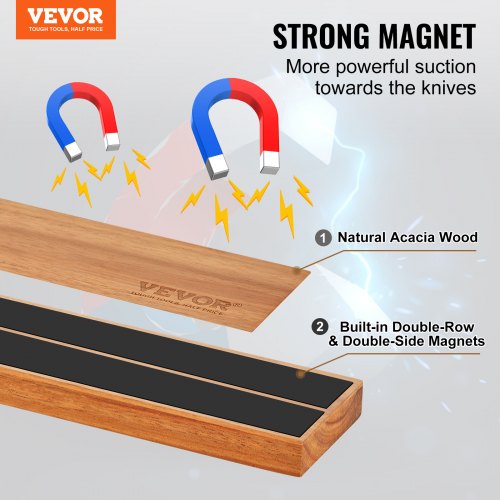 Magnetic Knife Holder with Enhanced Strong Magnet, 16" No Drilling Knife Strips Organizer for Wall, Multifunctional Storage Acacia Wood Knives Rack, Knife Bar for Kitchen Knives, Utensils, Tools
